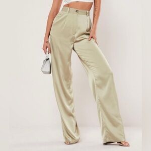 Missguided Tall Women’s Green Silky Satin Wide Leg Pants Trousers 12 Feminine